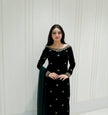 Green velvet winter suit set with sequence embroidery for women