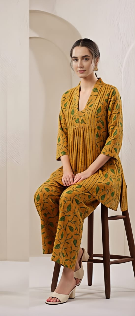 Yellow printed cotton top pant set for women