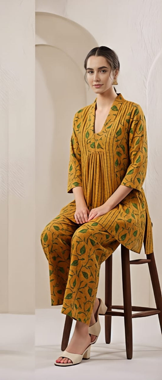Yellow printed cotton top pant set for women