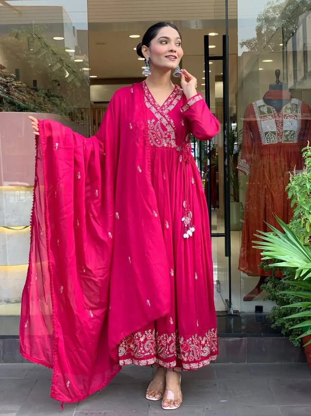 Zari Embroidered Cotton Angrakha Kurti Set with Malmal Dupatta