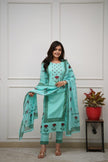 Sky blue cotton suit set with zari motif handwork and foil prin