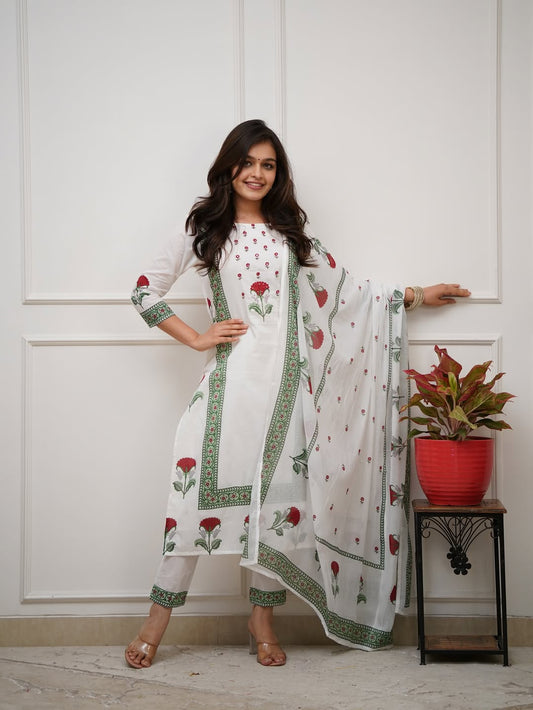 White cotton kurti set with digital shine dupatta