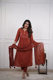 A-line cotton kurta set with embroidered neckline and malmal dupatta

