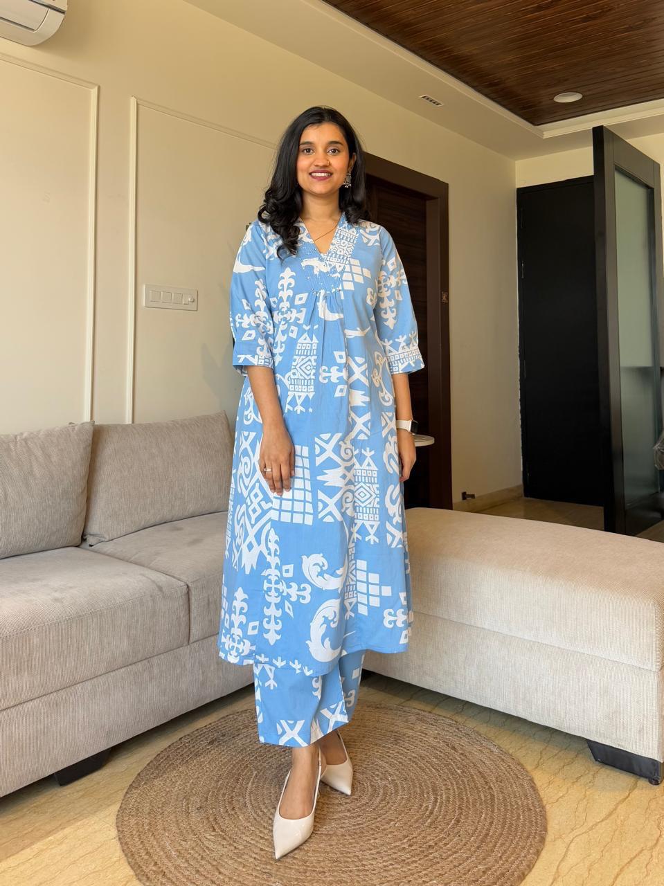 Sky blue cotton co-ord set with ankle-length pants


