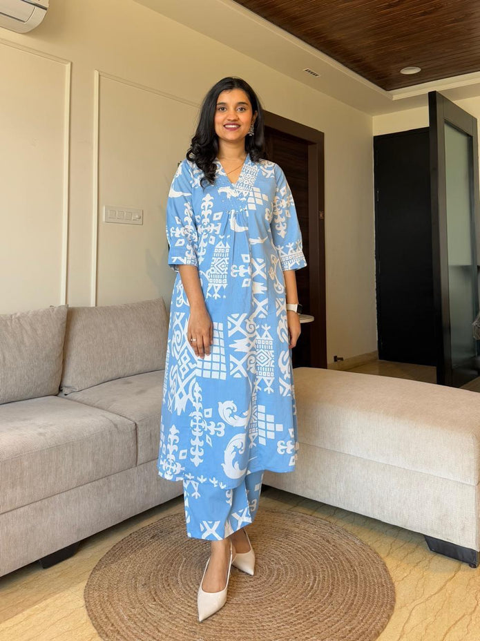 Sky blue cotton co-ord set with ankle-length pants

