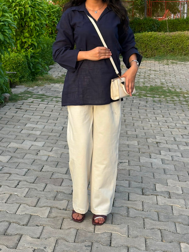 Shirt Style Cotton Slub Short Kurti with Corset Back Dori and Front V-Cut