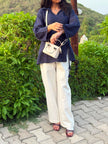 Navy Blue Cotton Slub Short Kurti for Women with Umbrella Sleeves and Front Dori Detail