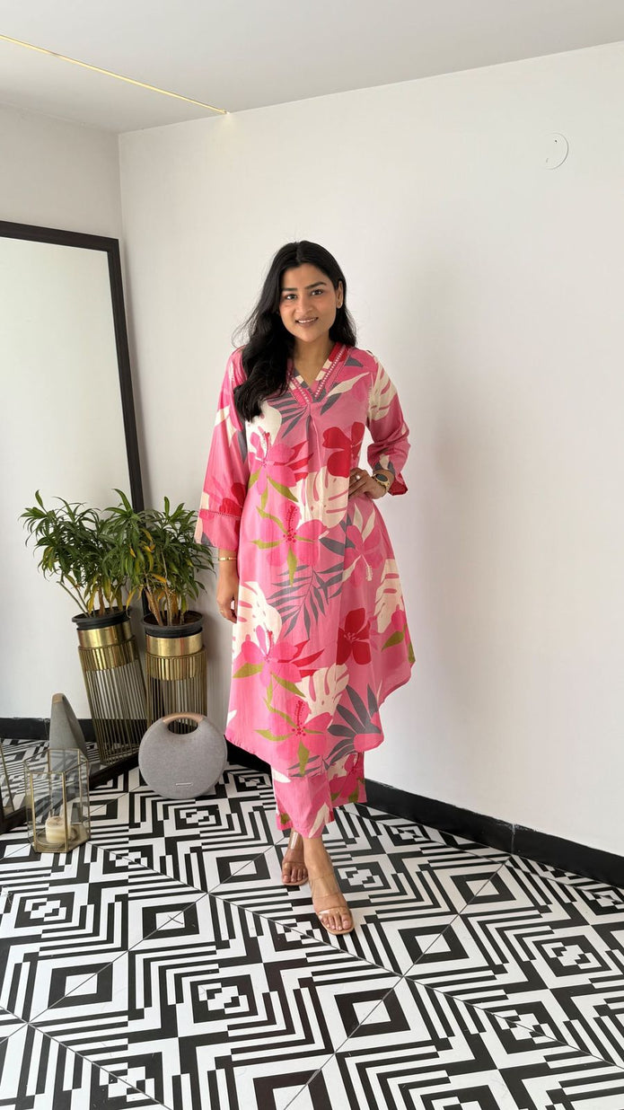 Aashna Cotton Floral Printed Kurta Pant Set with Elegant Lace Work