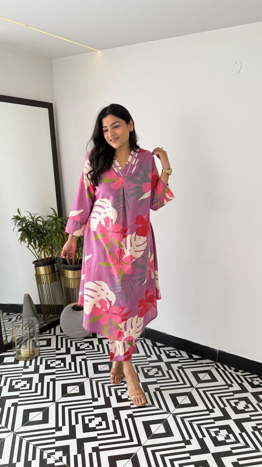 Aashna Cotton Floral Printed Kurta Pant Set with Elegant Lace Work