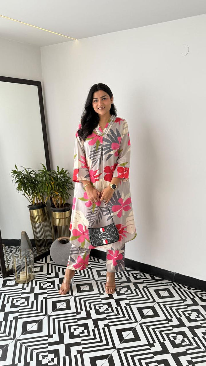 Aashna Cotton Floral Printed Kurta Pant Set with Elegant Lace Work