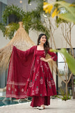 Maroon printed cotton Anarkali suit set with soft mulmul dupatta

