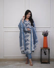 Blue floral cotton kurti with mirror and tagai handwork

