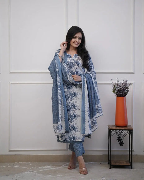 Blue floral cotton kurti with mirror and tagai handwork

