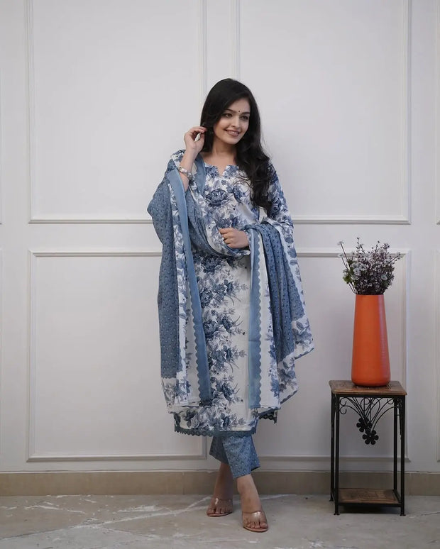 Blue floral cotton kurti with mirror and tagai handwork


