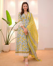 Yellow cotton Afghani suit with floral schiffli work