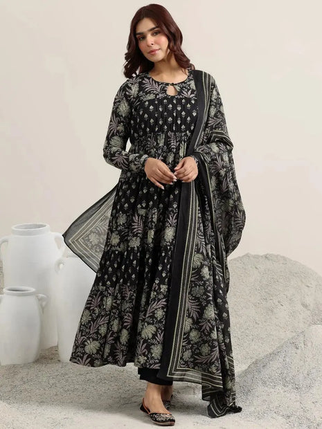 Printed cotton Anarkali kurta front view with dupatta

