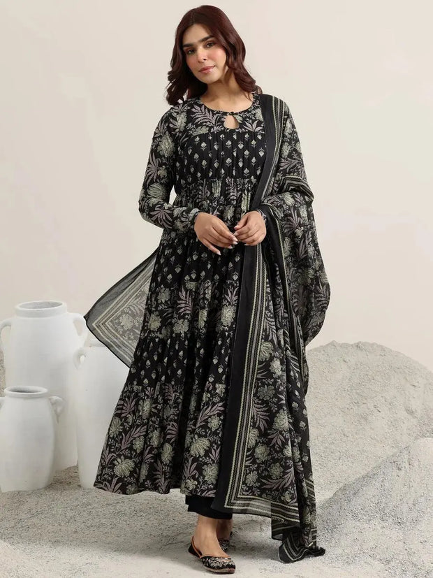 Printed cotton Anarkali kurta front view with dupatta

