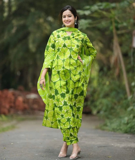 Pure cotton kurti set with chiffon leheriya dupatta

