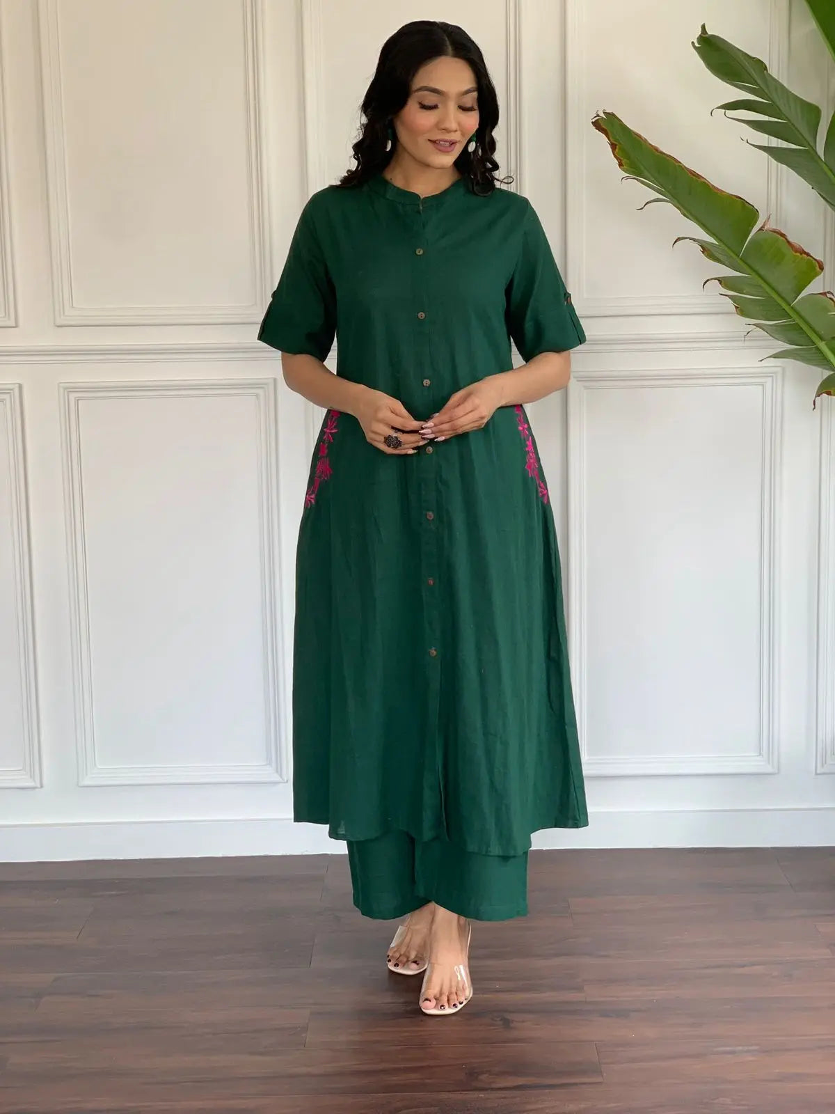 Green A-line cotton kurta set for casual ethnic wear

