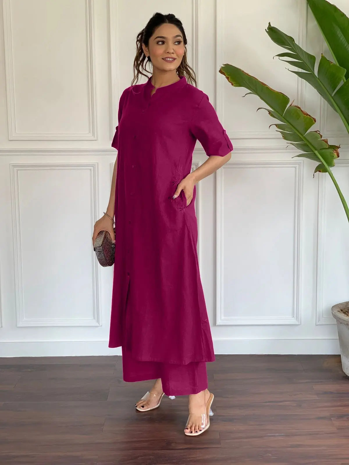 Pink A-line cotton kurta set for casual ethnic wear

