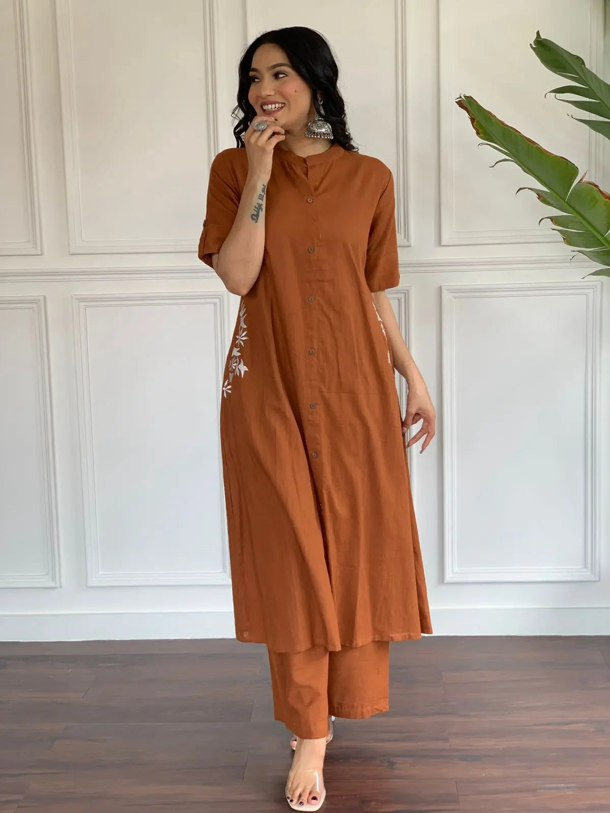 Brown Premium cotton kurti set with plazo and side pockets


