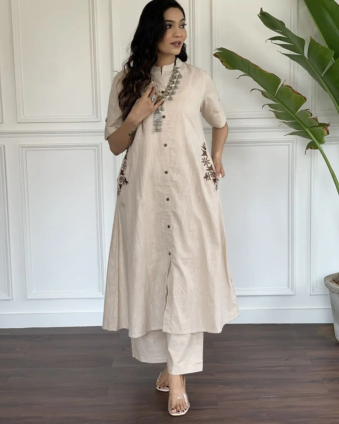 White Cotton slub A-line kurta set with hand embroidery

