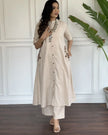 White Cotton slub A-line kurta set with hand embroidery

