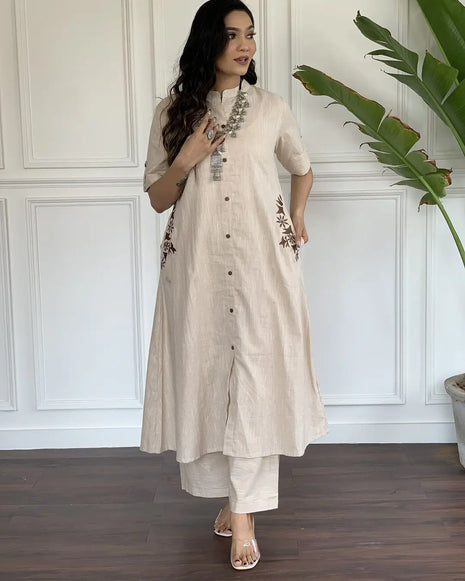 White Cotton slub A-line kurta set with hand embroidery

