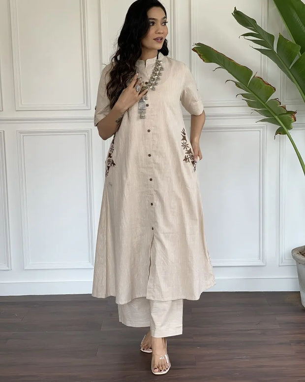 White Cotton slub A-line kurta set with hand embroidery

