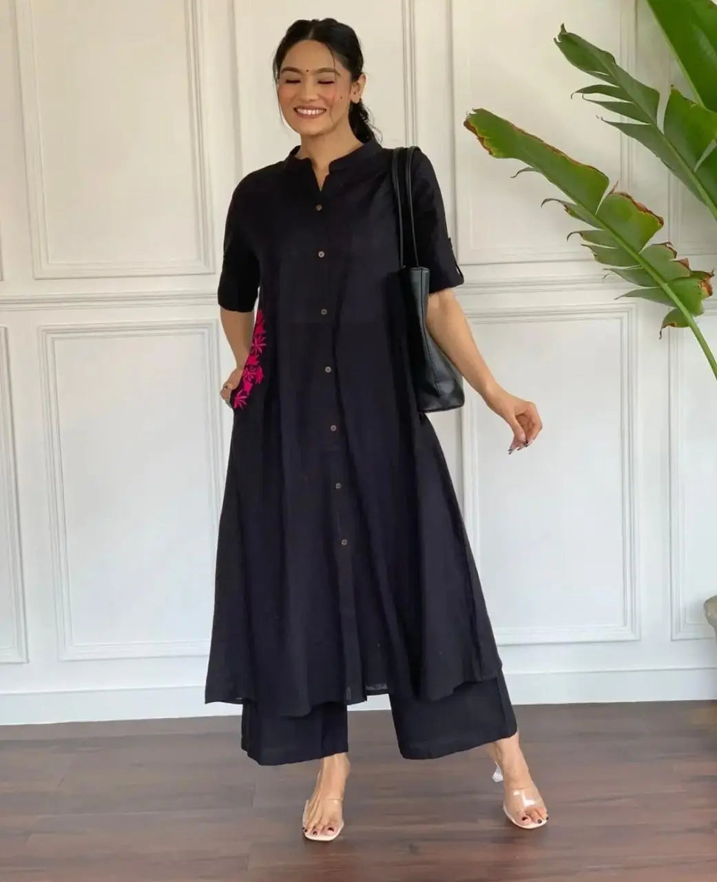 Black Hand embroidered cotton suit for everyday style

