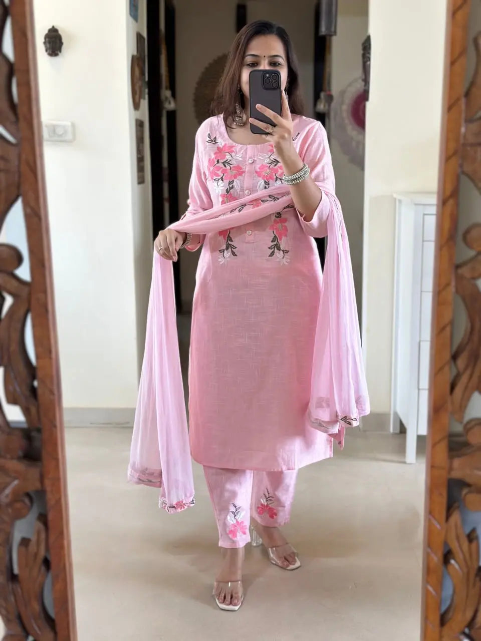 Cotton slub embroidered suit set with nazmin dupatta

