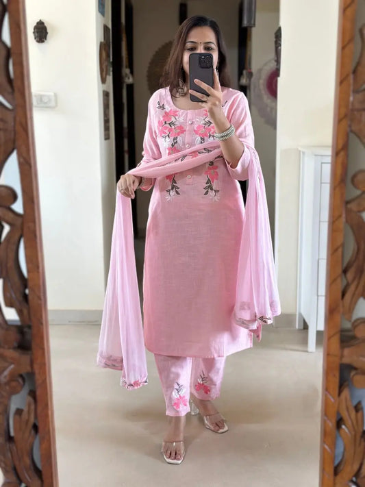 Cotton slub embroidered suit set with nazmin dupatta


