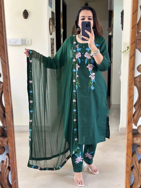 Festive cotton suit with yoke embroidery and lace dupatta

