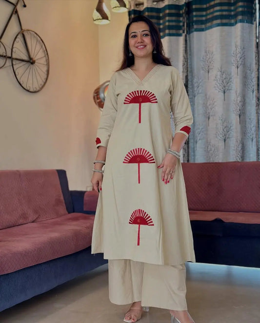 Cotton slub kurti pant set with side embroidery – white festive wear

