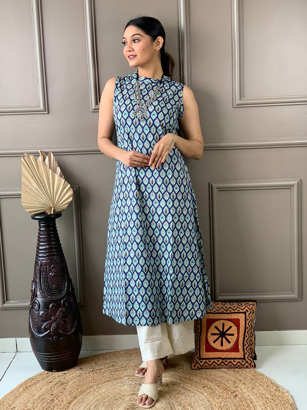 Front pose in cotton A-line kurta set with plazo

