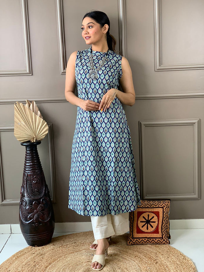 Front pose in cotton A-line kurta set with plazo

