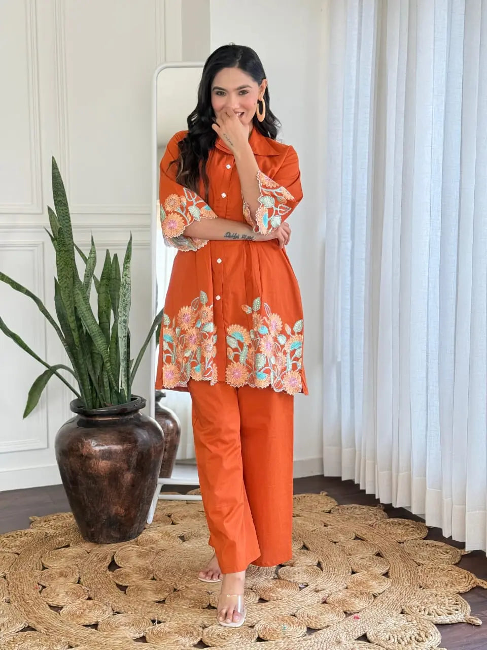 Embroidered cotton kurti with pant side pocket

