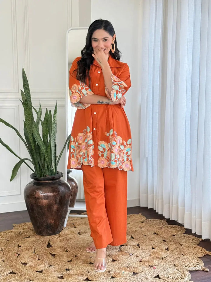 Embroidered cotton kurti with pant side pocket

