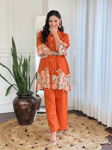 Embroidered cotton kurti with pant side pocket

