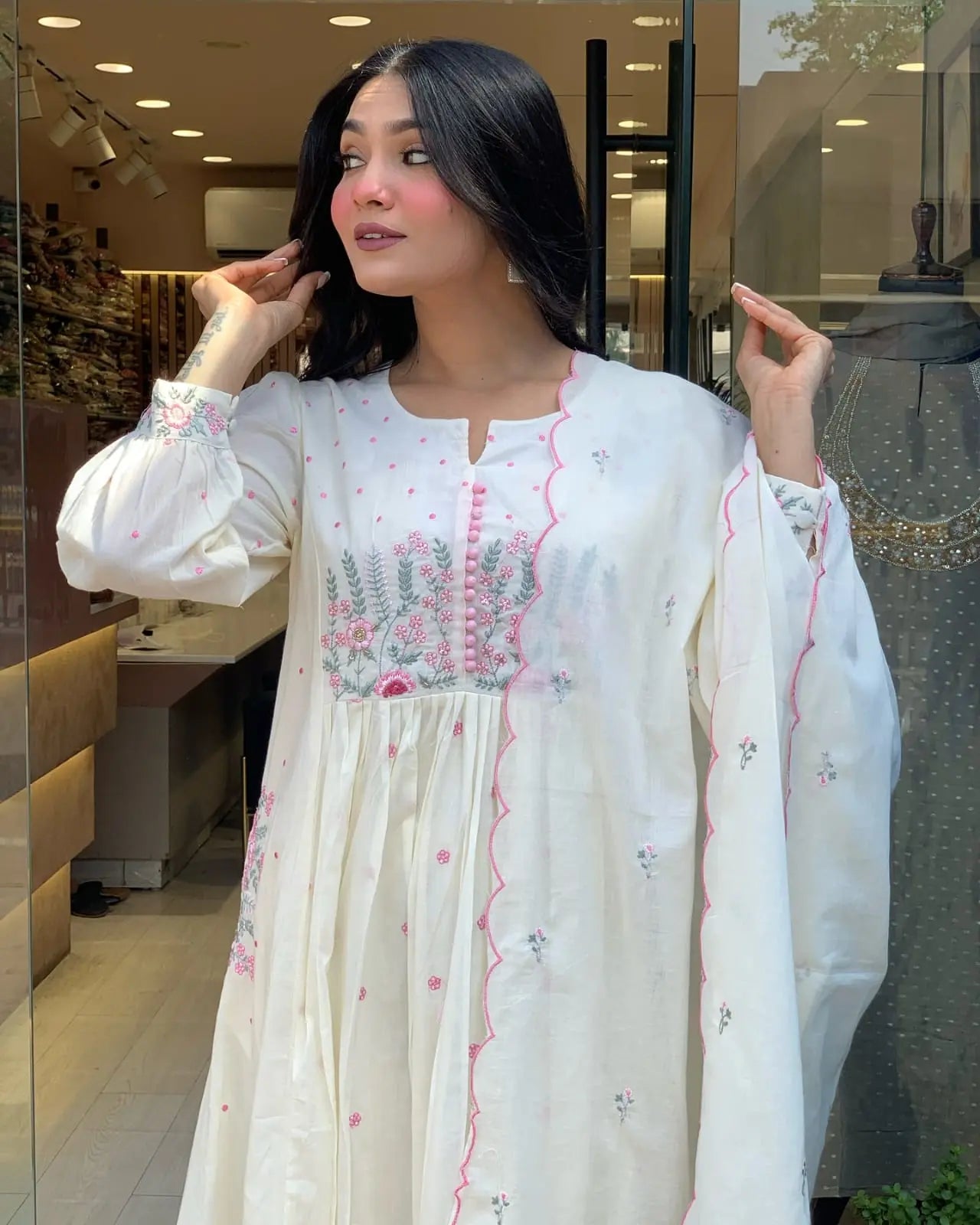 Yoke and side embroidery on cotton suit set

