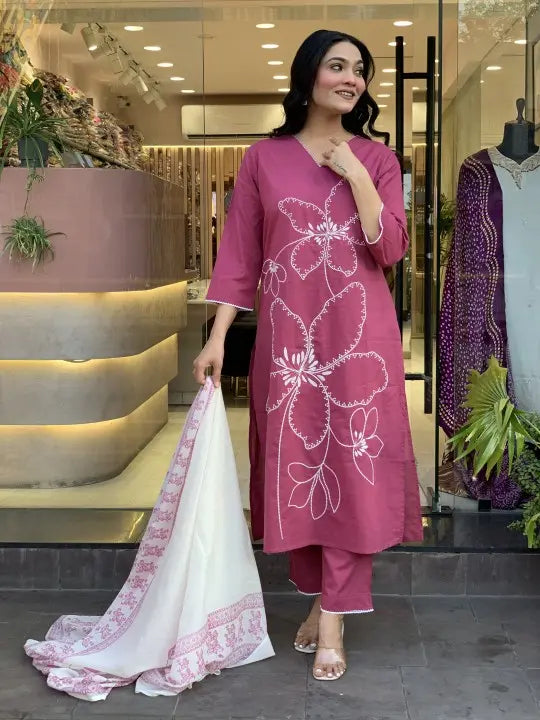 Heavy embroidered cotton suit set with lace dupatta

