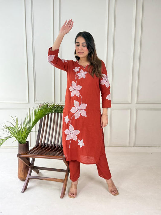 slub cotton kurti with embroidery on all over