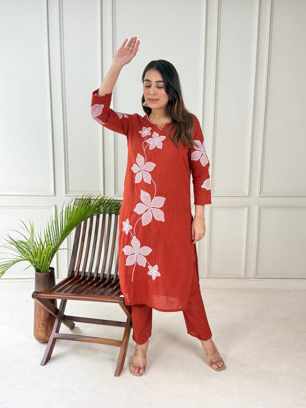 slub cotton kurti with embroidery on all over