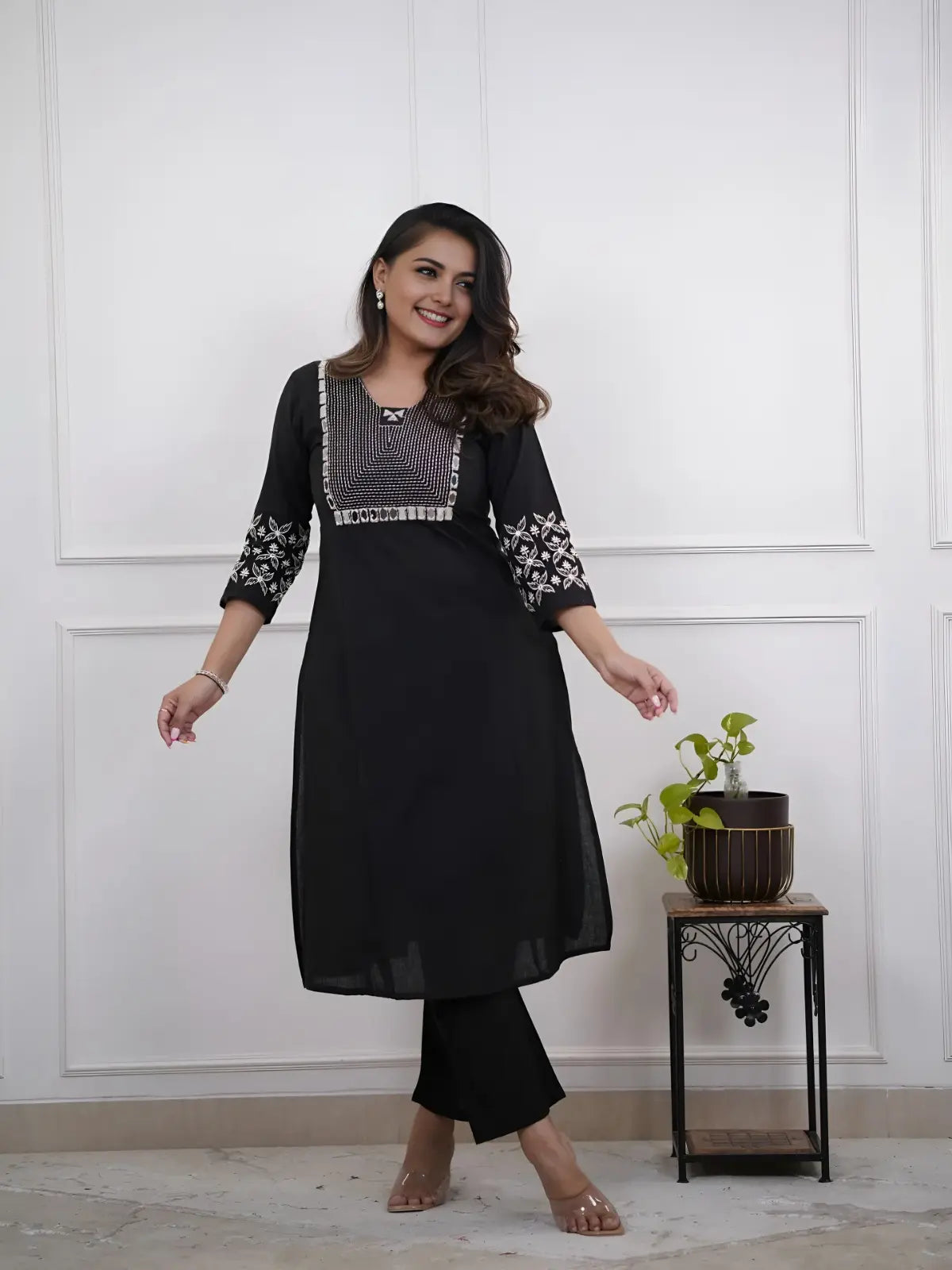 Full-length image of cotton kurti and palazzo set in black