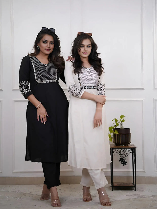 Woman wearing cotton flex coord set with embroidered yoke

