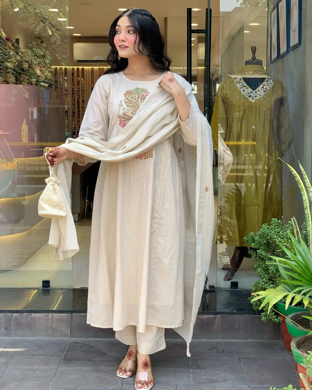 Embroidered cotton kurti with matching pant and dupatta

