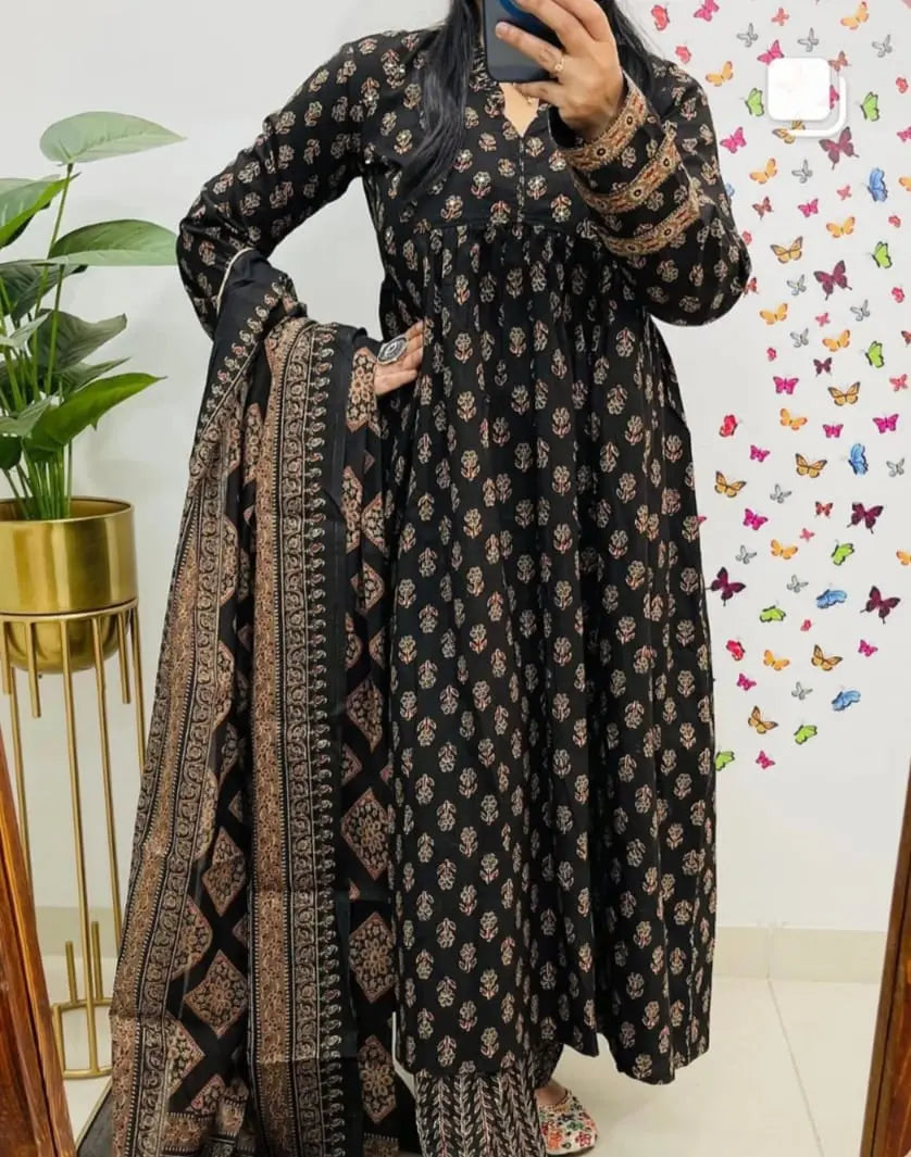 Festive cotton kurti set with hand embroidery and dupatta

