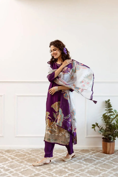 Elegant floral silk suit set in purple with handwork and dupatta

