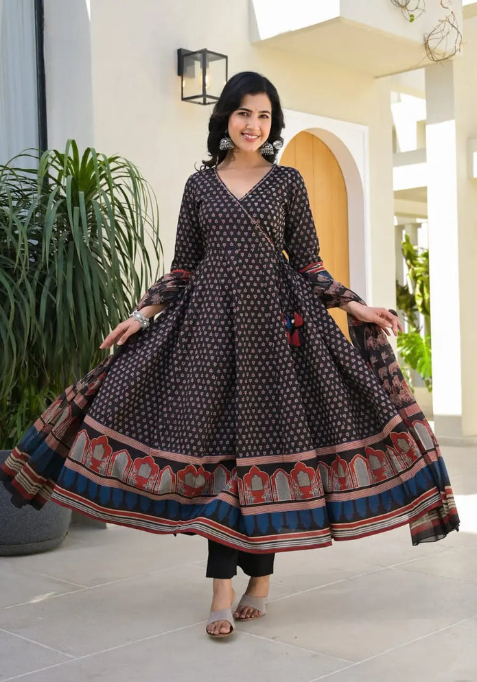 Black Handblock printed cotton Anarkali kurti set with dupatta

