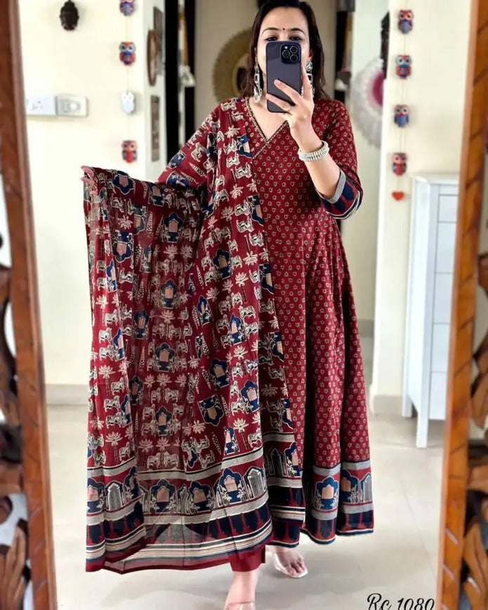 Red Handblock printed cotton Anarkali kurti set with dupatta

